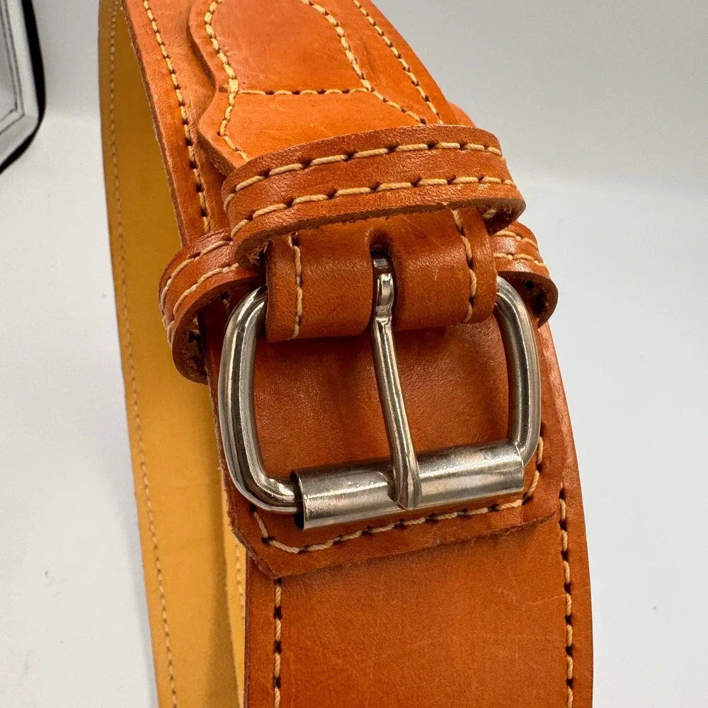 Lifting Workout Rugged Tan Leather Belt Wide Silver Roller Buckle 48 Fitness